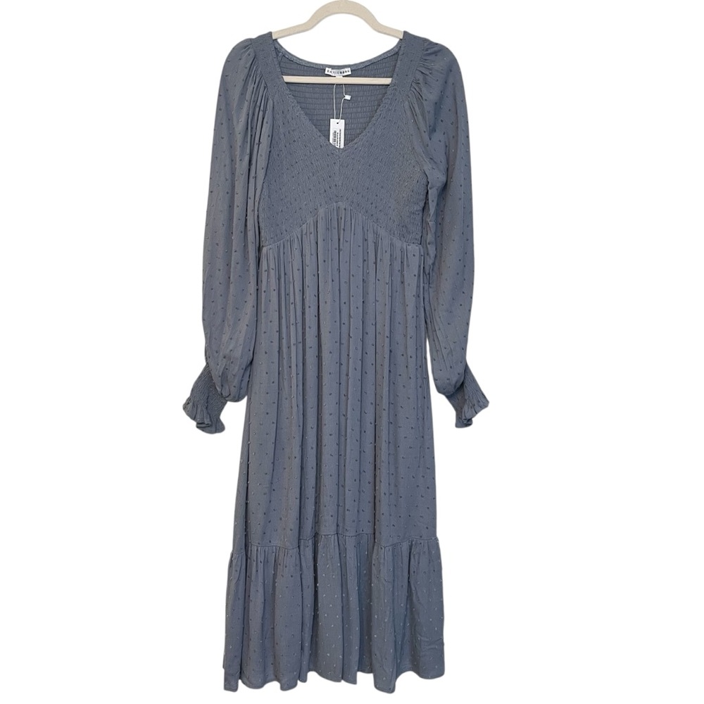 Baltic Born Lainey Smocked Swiss Dot Midi Dress Dusty Blue Medium NWT Feminine